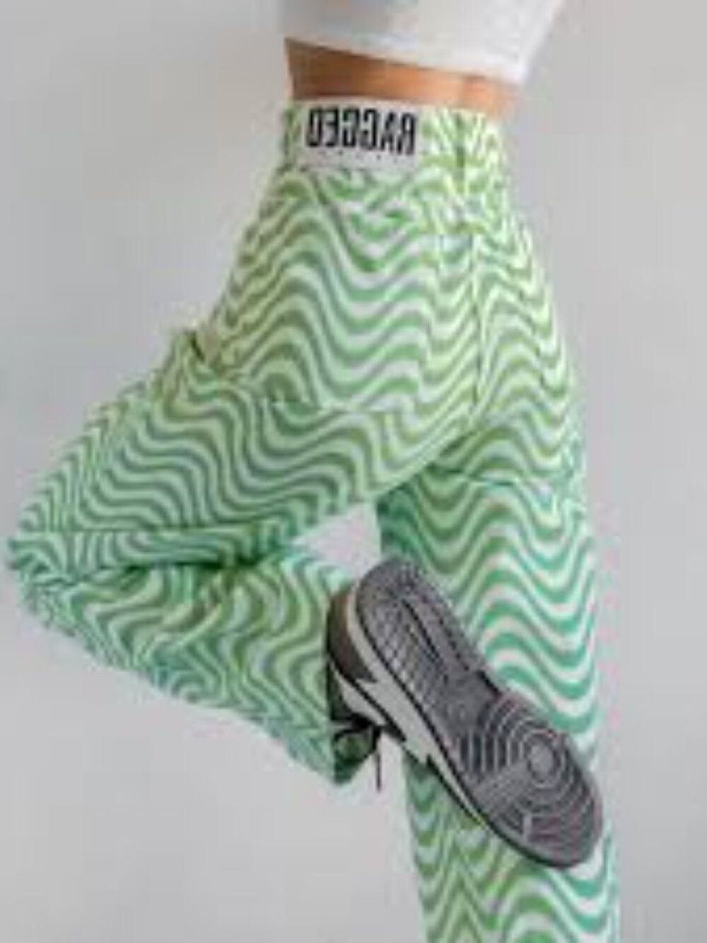 Ragged Wavy Priest Print High-Rise Wide Leg Dad jeans Lime Green /White Sz 24/0